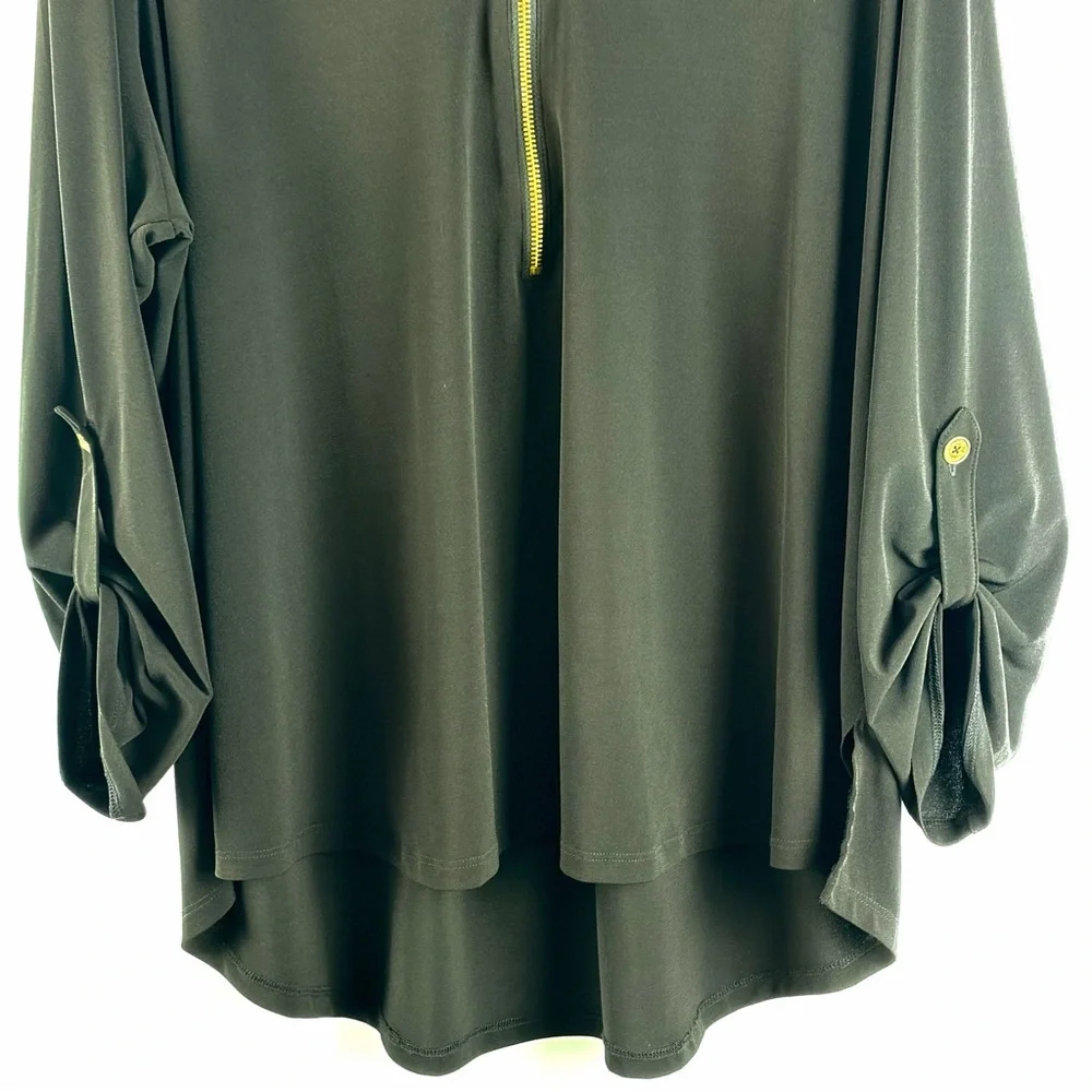 Michael Kors Black Zip Front Blouse Gold Hardware Roll Tab Sleeve 2X - Picture 8 of 12